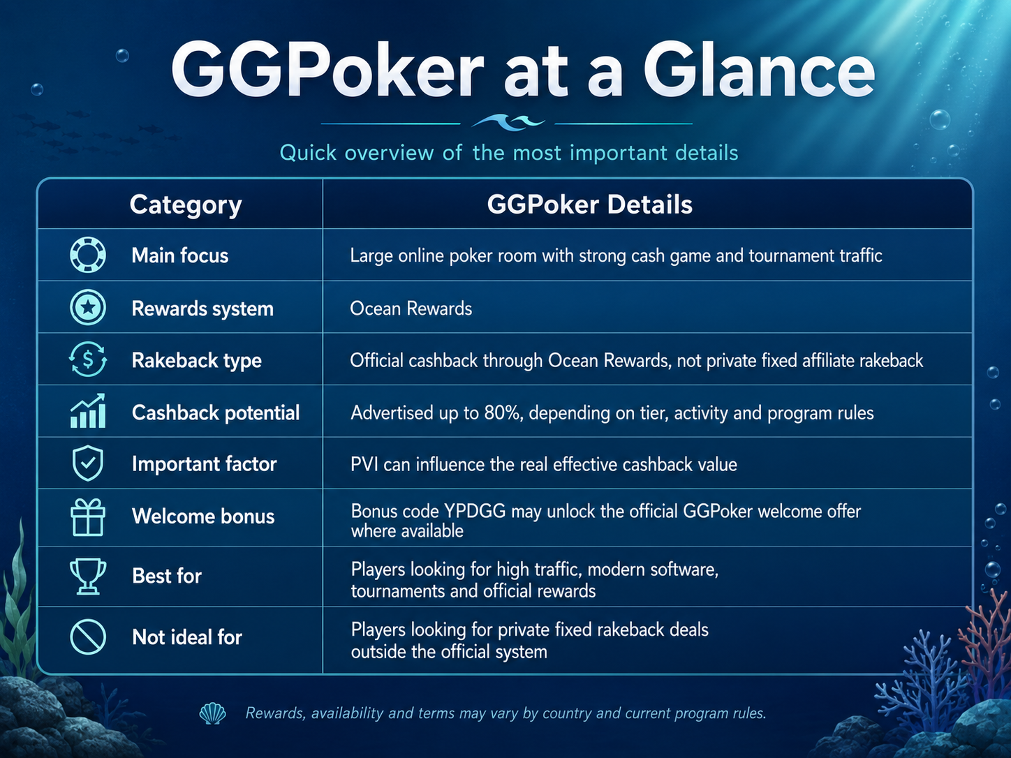 GGPoker at a Glance GGPoker at a glance overview with rakeback, Ocean Rewards, bonus and player details